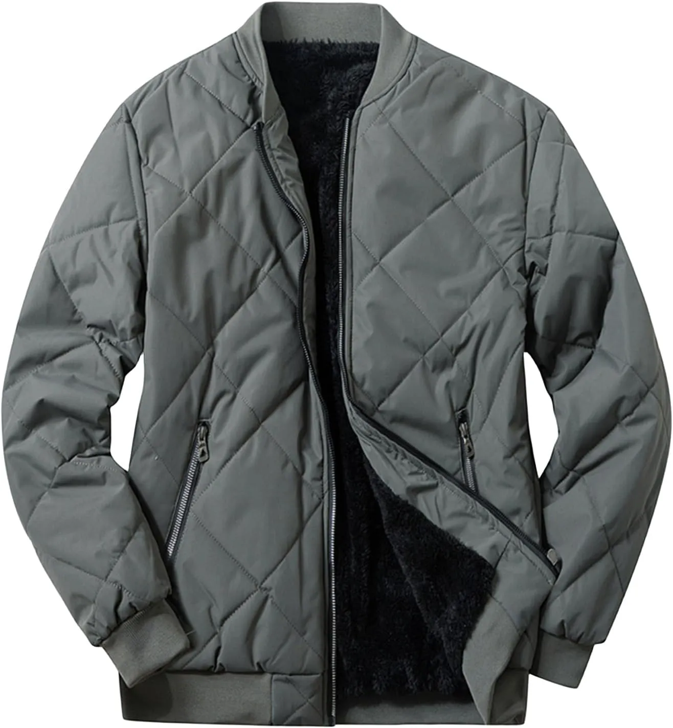Men's Diamond Quilted Bomber Jacket Suede Sherpa Lined Jacket Solid Stand Collar Coat Thermal Padded Coat Outwear