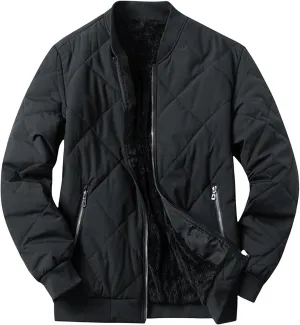 Men's Diamond Quilted Bomber Jacket Suede Sherpa Lined Jacket Solid Stand Collar Coat Thermal Padded Coat Outwear