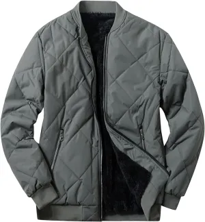 Men's Diamond Quilted Bomber Jacket Suede Sherpa Lined Jacket Solid Stand Collar Coat Thermal Padded Coat Outwear