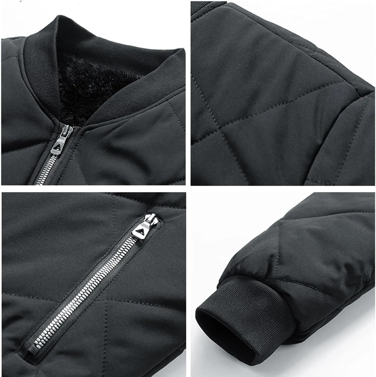 Men's Diamond Quilted Bomber Jacket Suede Sherpa Lined Jacket Solid Stand Collar Coat Thermal Padded Coat Outwear