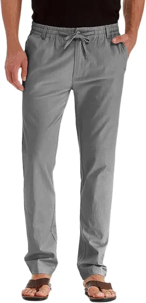 Men's Drawstring Linen Pants Casual Summer Beach Loose Straight Leg Solid Color Trousers