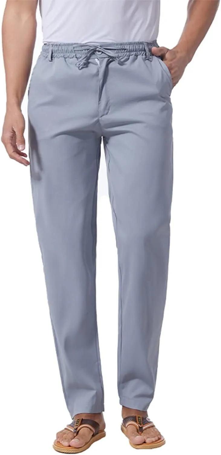 Men's Drawstring Linen Pants Solid Color Loose Casual Lightweight Elastic Waist Pants Yoga Pants Home