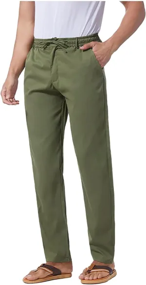 Men's Drawstring Linen Pants Solid Color Loose Casual Lightweight Elastic Waist Pants Yoga Pants Home