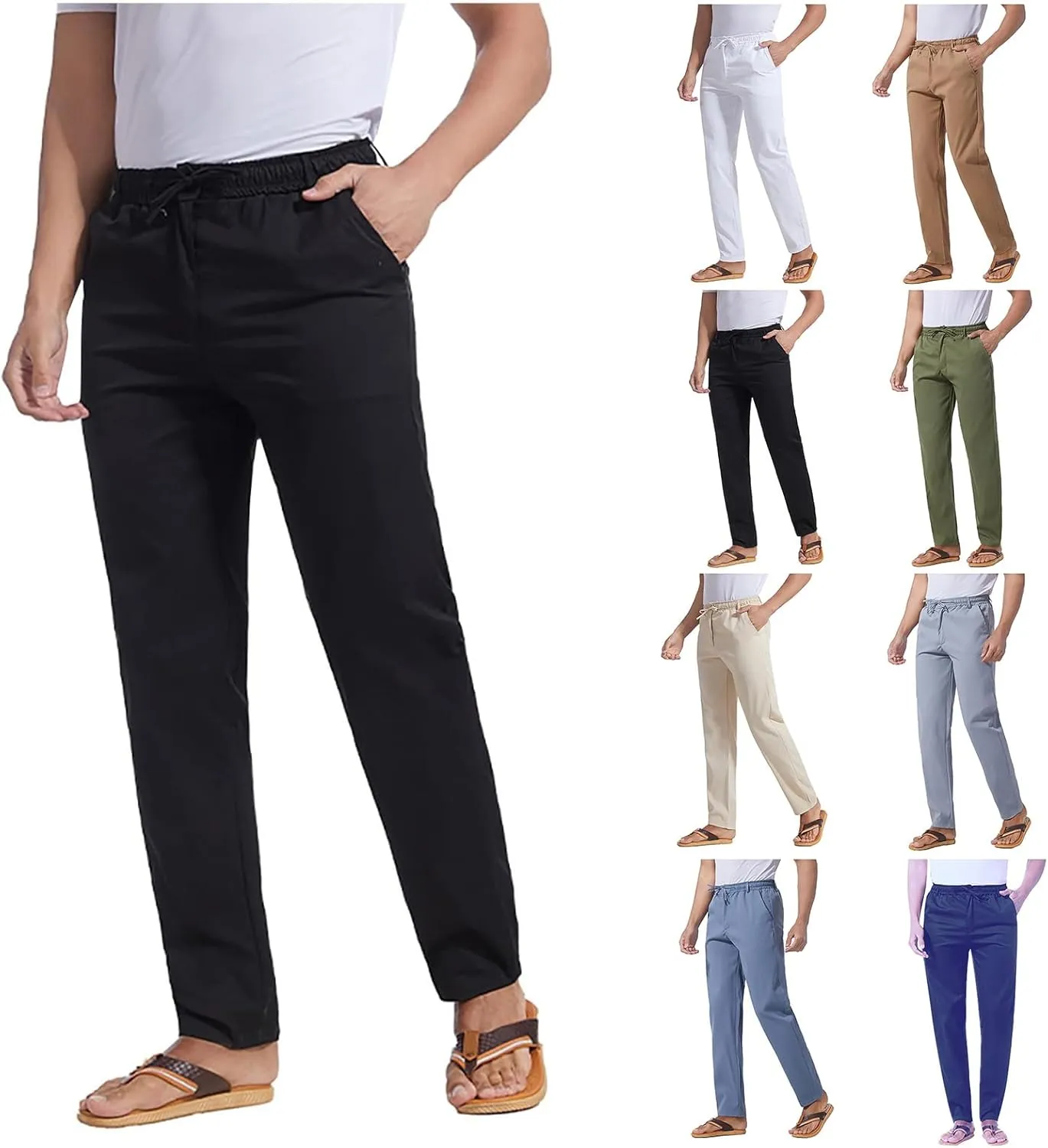Men's Drawstring Linen Pants Solid Color Loose Casual Lightweight Elastic Waist Pants Yoga Pants Home