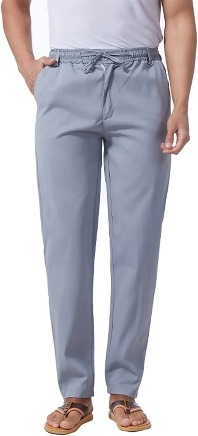 Men's Drawstring Linen Pants Solid Color Loose Casual Lightweight Elastic Waist Pants Yoga Pants Home