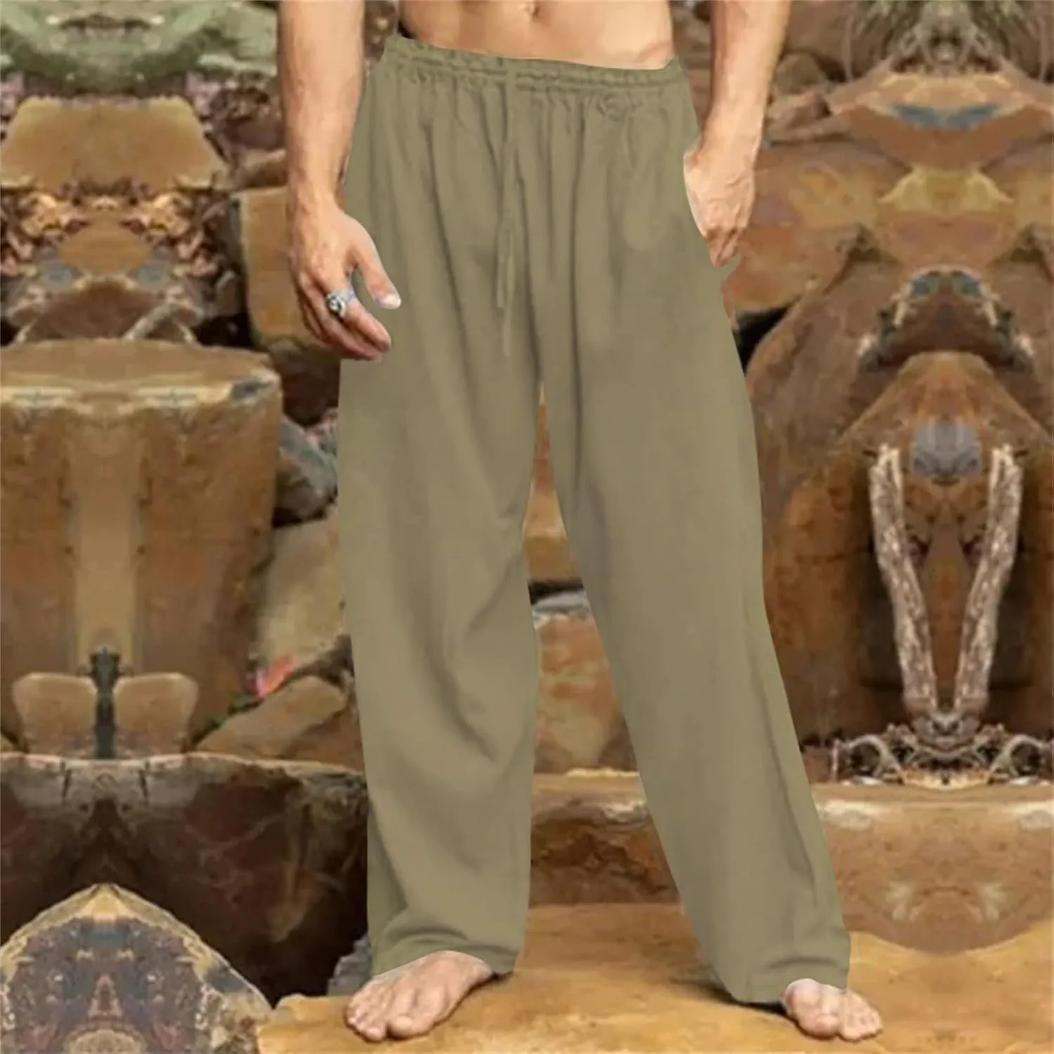 Men's Drawstring Pants Casual Joggers Cotton Linen Blend for Yoga Running Kung Fu with Elastic Waist and Pockets