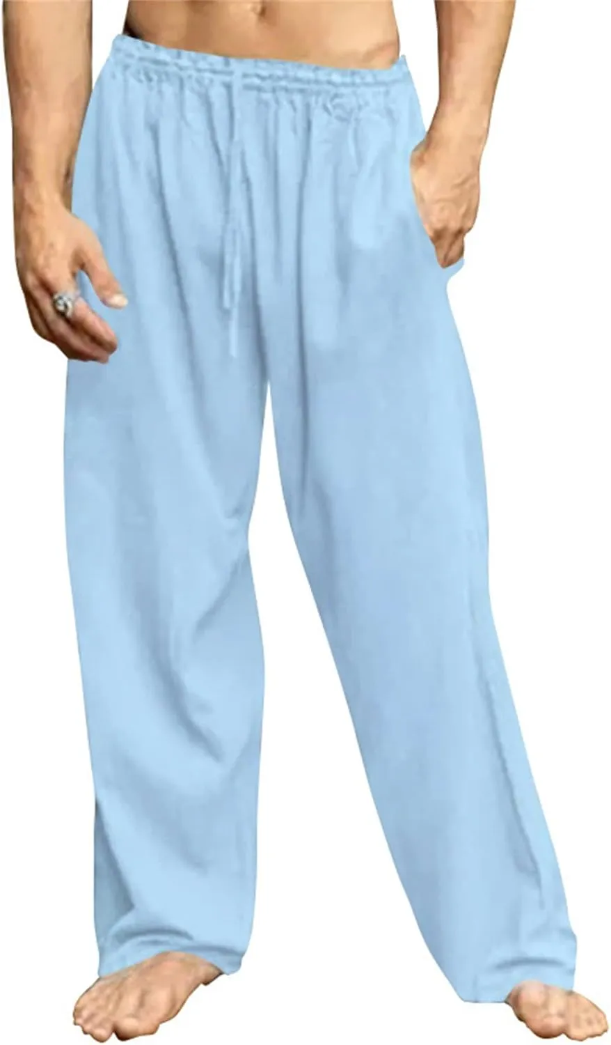 Men's Drawstring Pants Casual Joggers Cotton Linen Blend for Yoga Running Kung Fu with Elastic Waist and Pockets