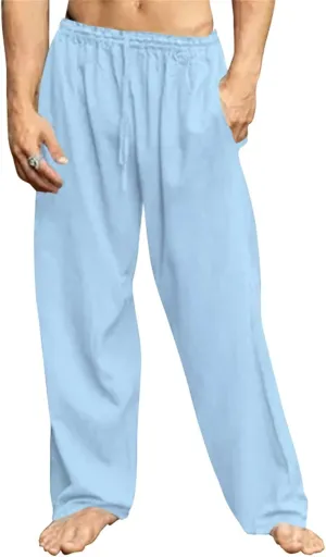 Men's Drawstring Pants Casual Joggers Cotton Linen Blend for Yoga Running Kung Fu with Elastic Waist and Pockets