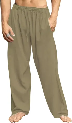 Men's Drawstring Pants Casual Joggers Cotton Linen Blend for Yoga Running Kung Fu with Elastic Waist and Pockets