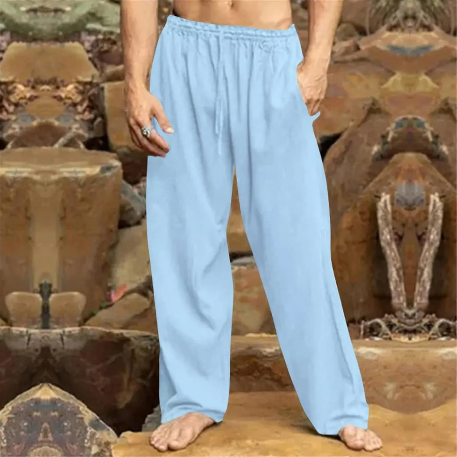 Men's Drawstring Pants Casual Joggers Cotton Linen Blend for Yoga Running Kung Fu with Elastic Waist and Pockets
