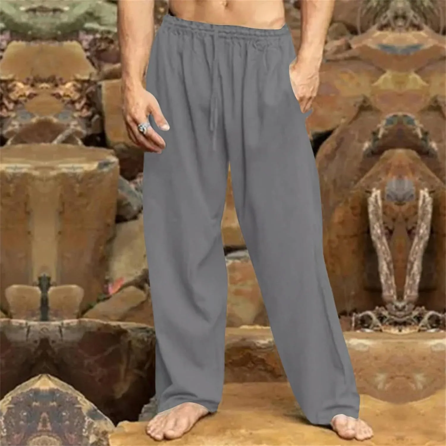 Men's Drawstring Pants Casual Joggers Cotton Linen Blend for Yoga Running Kung Fu with Elastic Waist and Pockets
