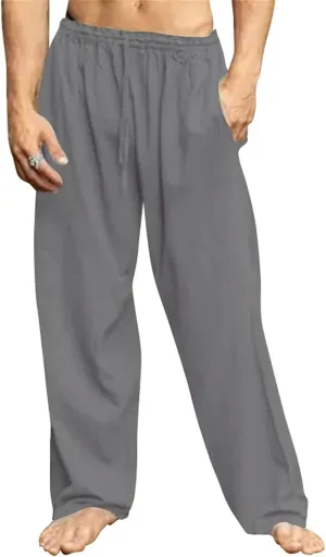 Men's Drawstring Pants Casual Joggers Cotton Linen Blend for Yoga Running Kung Fu with Elastic Waist and Pockets