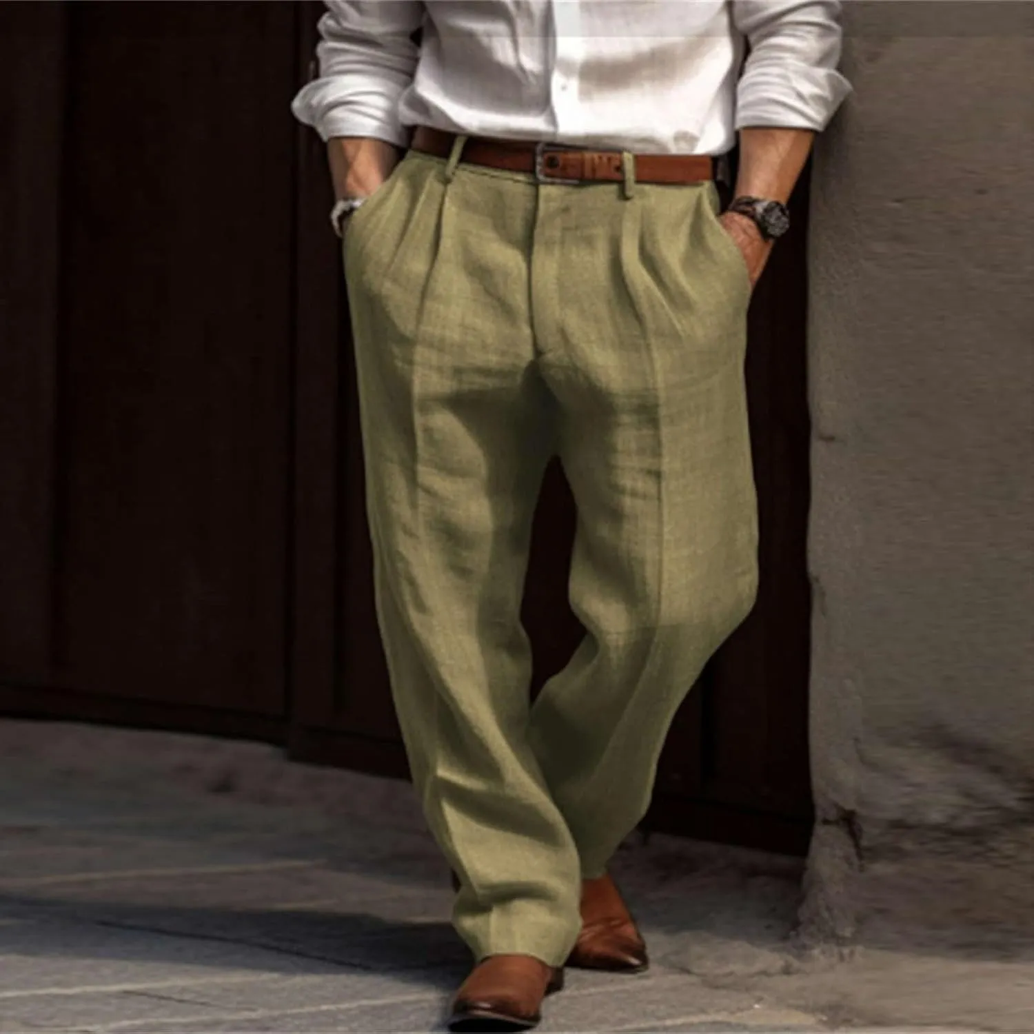 Mens Dress Pants Relaxed Fit Casual Cotton Linen Pleated Work Suit Pants Summer Straight Leg Slacks Comfort Trousers