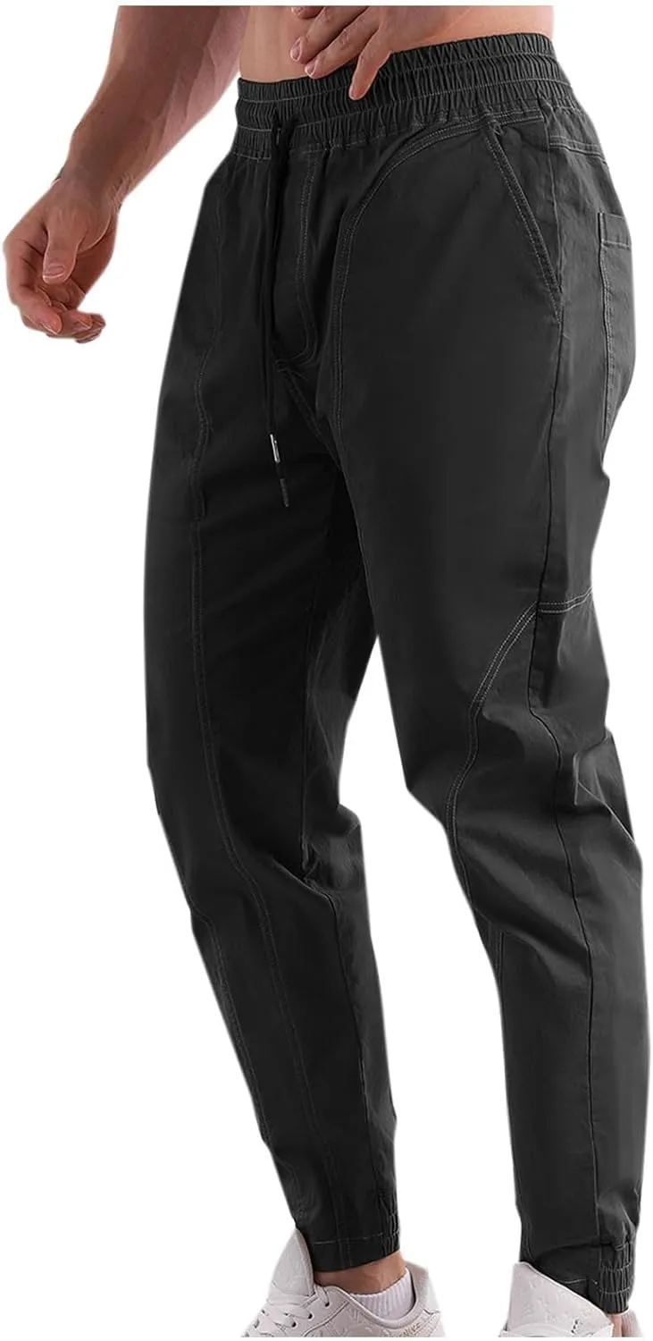 Men's Durable Cargo Pants Workout Athletic Twill Cinch Bottom Casual Joggers Pants Elastic Waist Tapered Chinos Pants