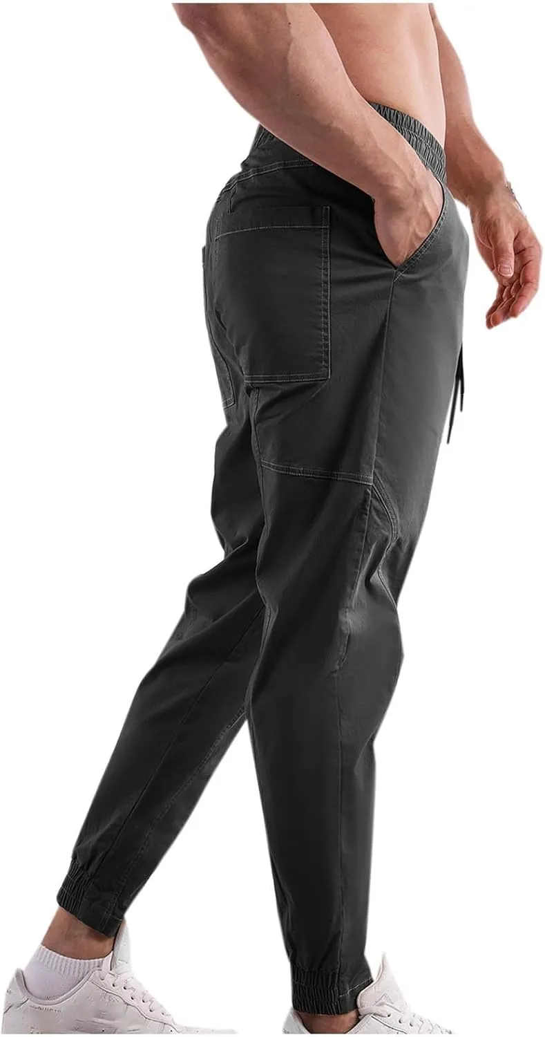 Men's Durable Cargo Pants Workout Athletic Twill Cinch Bottom Casual Joggers Pants Elastic Waist Tapered Chinos Pants