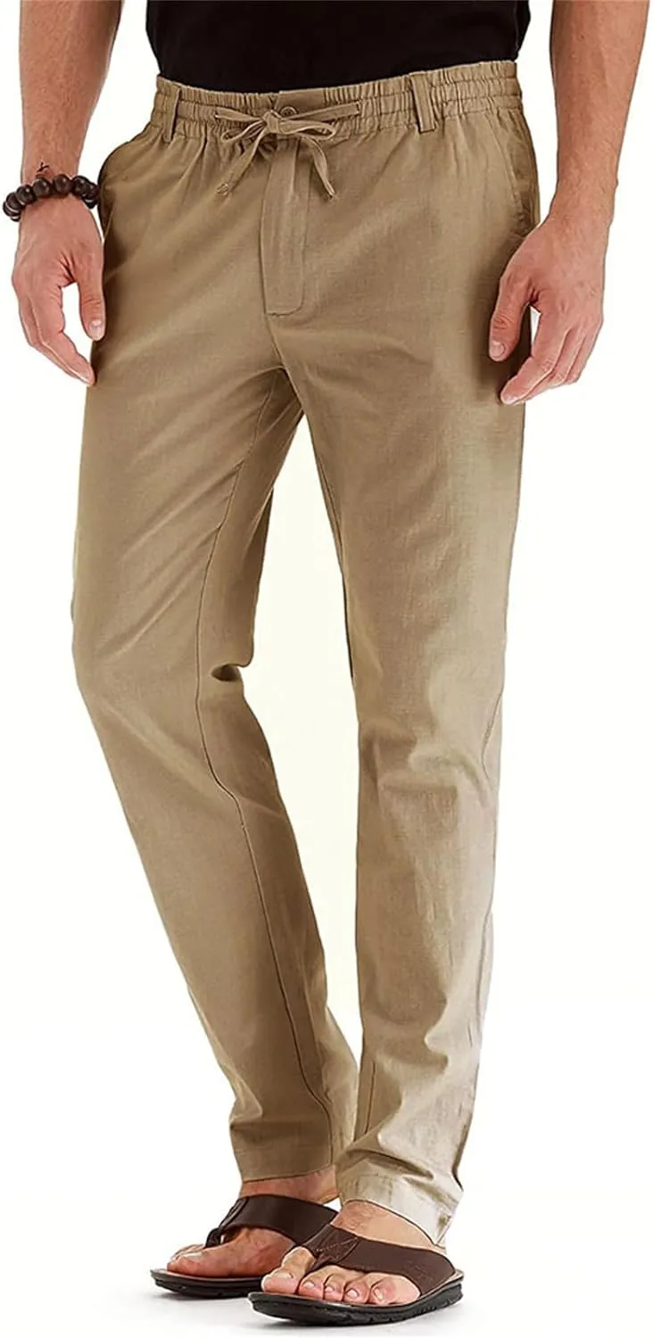 Men's Elastic Drawstring Waist Linen Pants Casual Lightweight Straight Leg Loose Fit Trousers for Beach Yoga Fall Wear