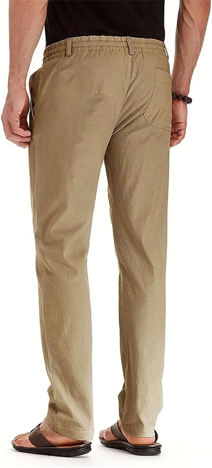 Men's Elastic Drawstring Waist Linen Pants Casual Lightweight Straight Leg Loose Fit Trousers for Beach Yoga Fall Wear