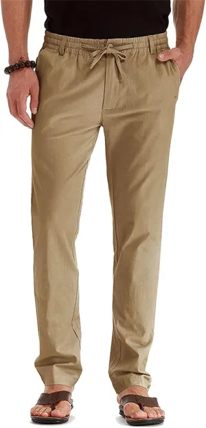 Men's Elastic Drawstring Waist Linen Pants Casual Lightweight Straight Leg Loose Fit Trousers for Beach Yoga Fall Wear