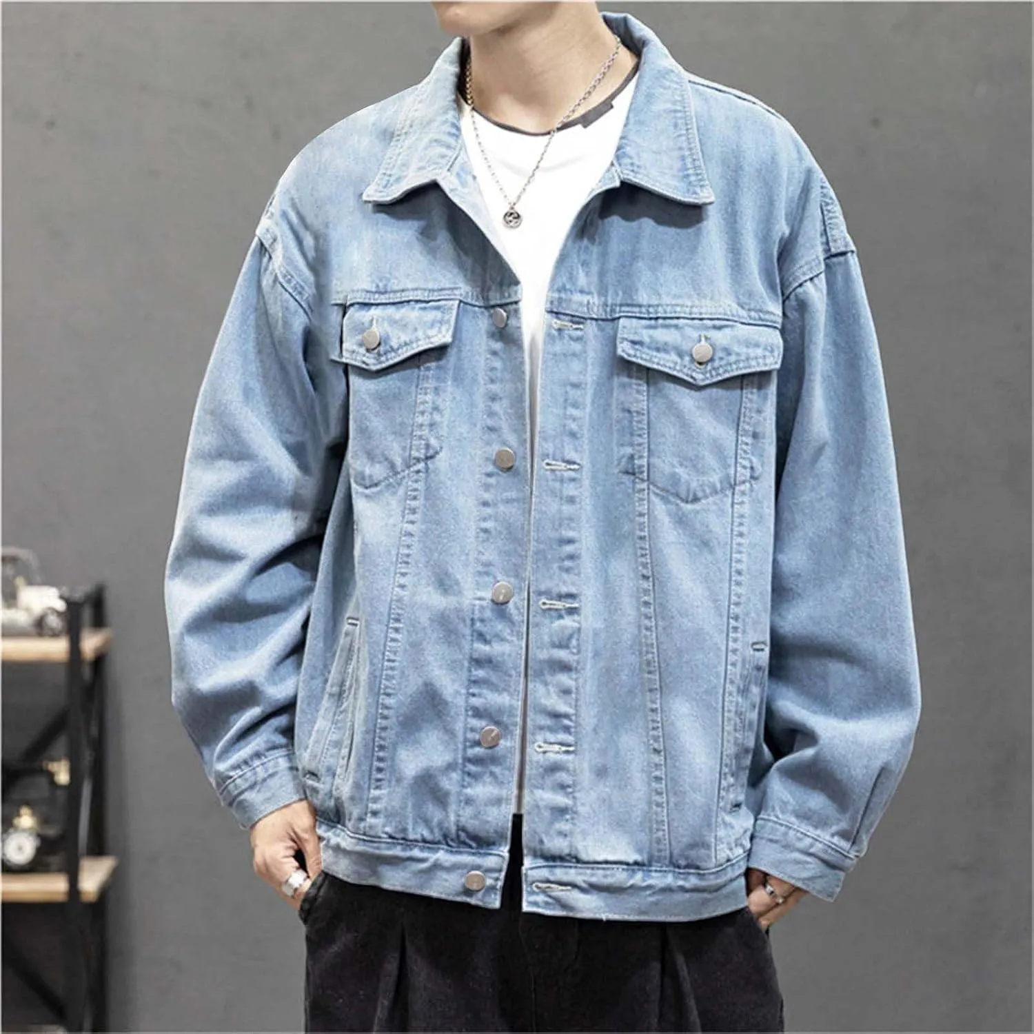 Mens Fashion Denim Jackets Casual Loose Fit Button Down Denim Trucker Jackets Long Sleeve Distressed Cowboys Jacket