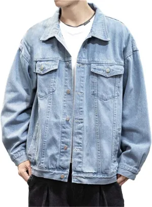 Mens Fashion Denim Jackets Casual Loose Fit Button Down Denim Trucker Jackets Long Sleeve Distressed Cowboys Jacket