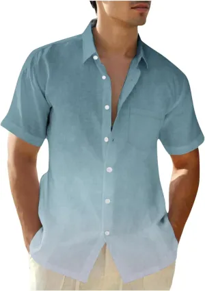 Men's Fashion Gradient Short Sleeve Shirts t Linen Casual Button Down T-Shirts Loose Fit Beach Summer Tee Tops