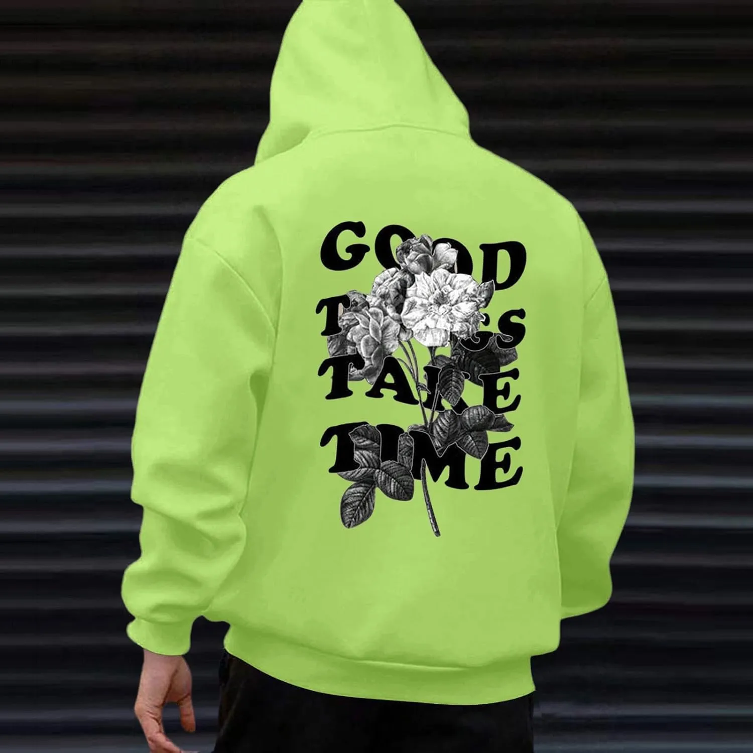 Men'S Fashion Hoodies Good Things Take Time & Rose Shape Print Sweatshirts Fall Long Sleeve Hoodies Pullover Shirts