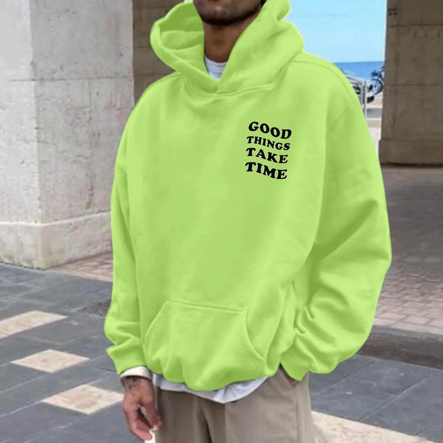 Men'S Fashion Hoodies Good Things Take Time & Rose Shape Print Sweatshirts Fall Long Sleeve Hoodies Pullover Shirts