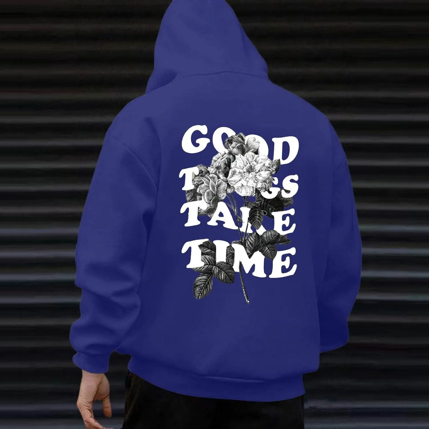 Men'S Fashion Hoodies Good Things Take Time & Rose Shape Print Sweatshirts Fall Long Sleeve Hoodies Pullover Shirts