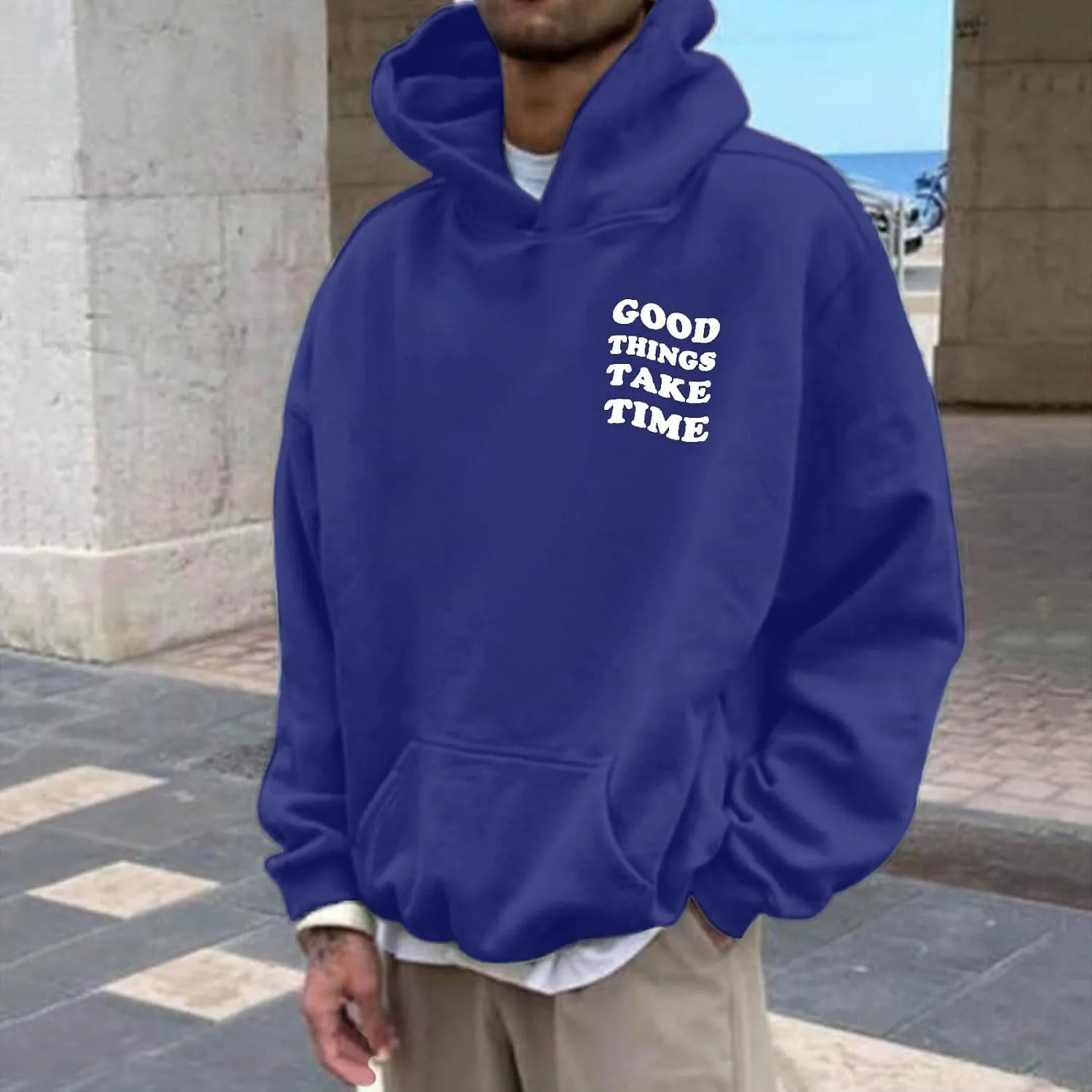 Men'S Fashion Hoodies Good Things Take Time & Rose Shape Print Sweatshirts Fall Long Sleeve Hoodies Pullover Shirts
