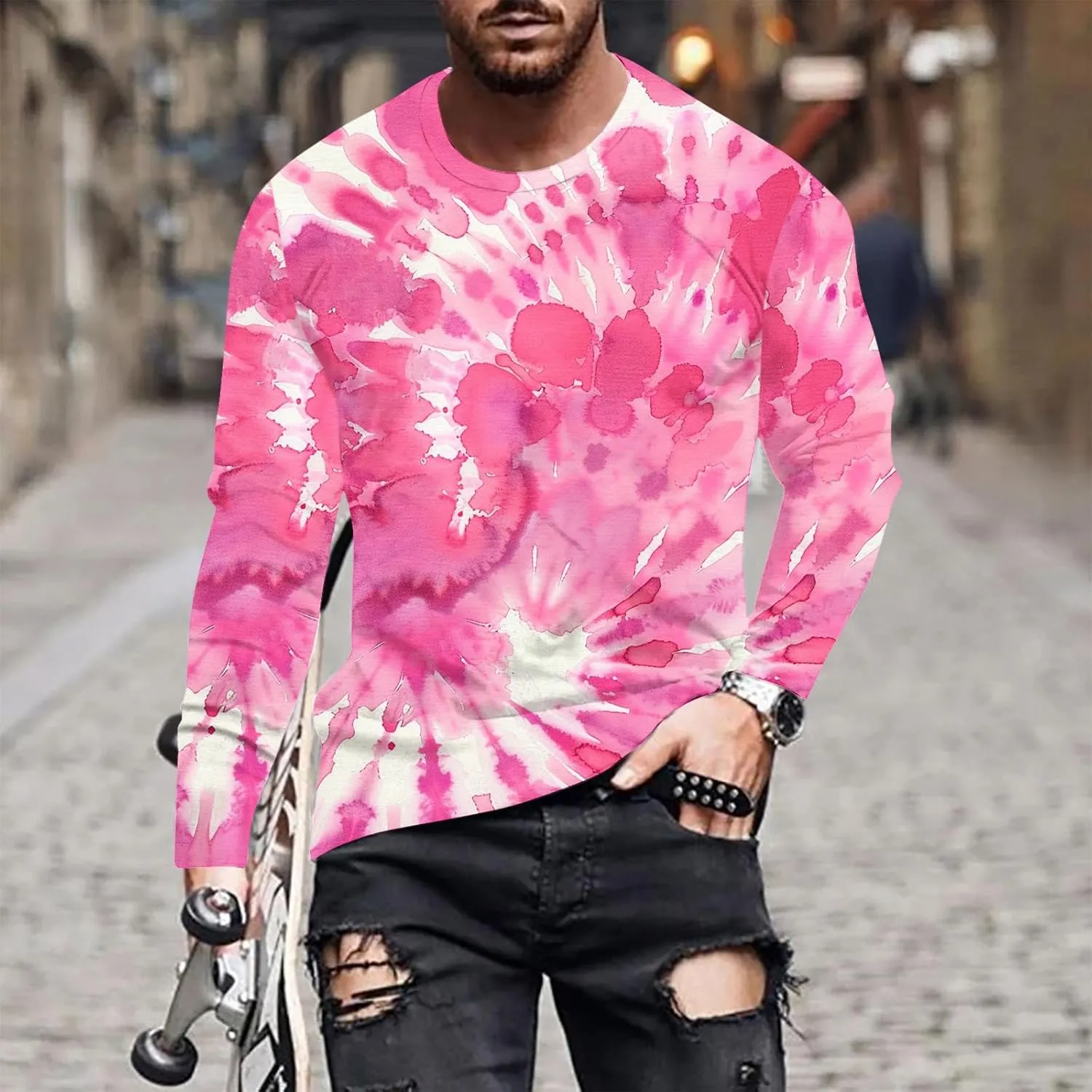 Men's Fashion Tie-Dye Printed Tops Round Neck Casual T-Shirt Long Sleeve Tops Stylish Pullover Tees Shirt