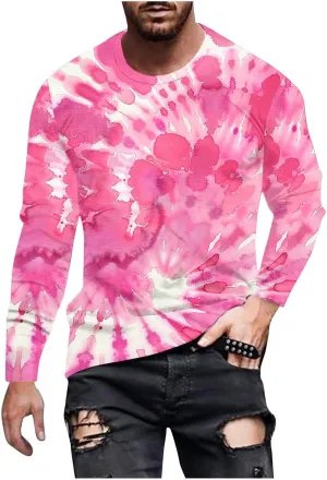 Men's Fashion Tie-Dye Printed Tops Round Neck Casual T-Shirt Long Sleeve Tops Stylish Pullover Tees Shirt
