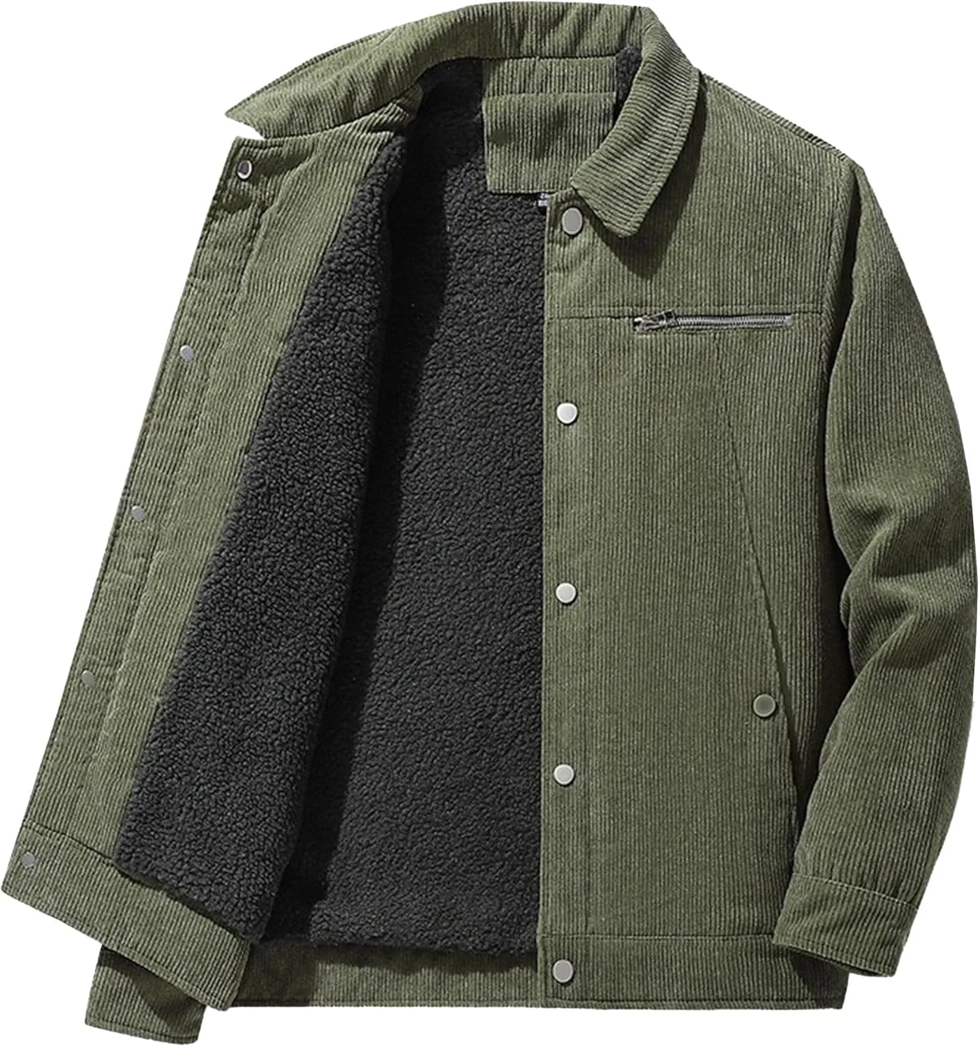 Men's Fleece Thermal Padded Winter Coat Classic Sherpa Lined Cargo Jacket Button Lapel Long Sleeve Outerwear