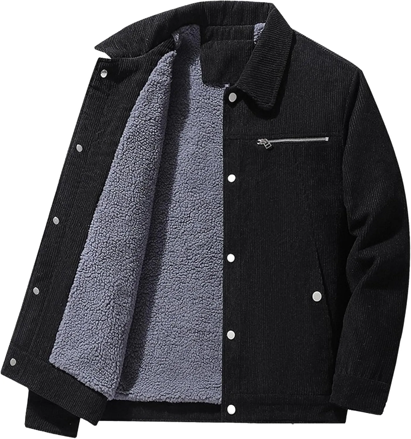 Men's Fleece Thermal Padded Winter Coat Classic Sherpa Lined Cargo Jacket Button Lapel Long Sleeve Outerwear