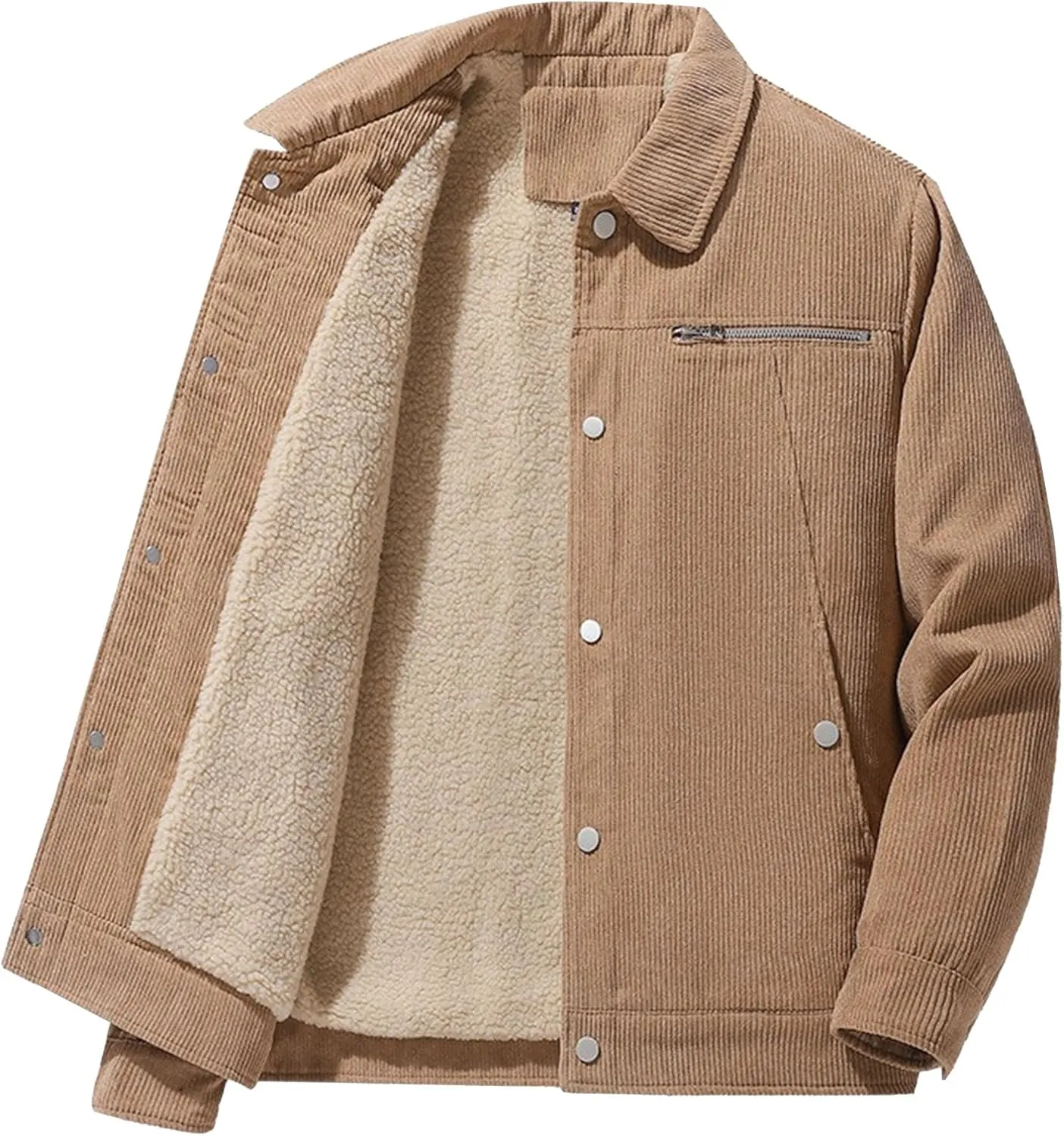 Men's Fleece Thermal Padded Winter Coat Classic Sherpa Lined Cargo Jacket Button Lapel Long Sleeve Outerwear