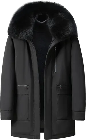 Men's Fur Hooded Warm Quilted Jacket Windproof Long Winter Coats with Pockets Thermal Padded Down Windbreaker