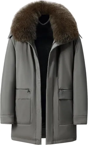 Men's Fur Hooded Warm Quilted Jacket Windproof Long Winter Coats with Pockets Thermal Padded Down Windbreaker