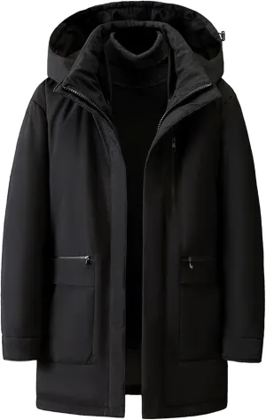 Men's Fur Hooded Warm Quilted Jacket Windproof Long Winter Coats with Pockets Thermal Padded Down Windbreaker