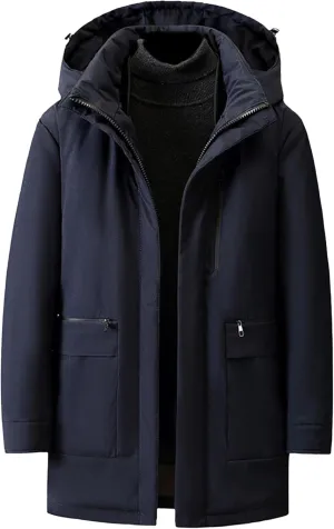 Men's Fur Hooded Warm Quilted Jacket Windproof Long Winter Coats with Pockets Thermal Padded Down Windbreaker