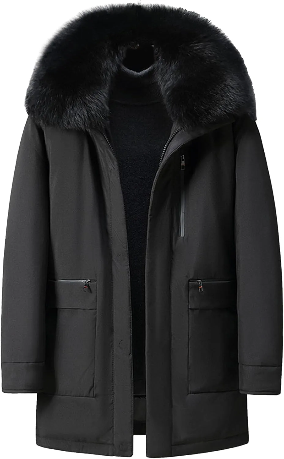 Men's Fur Hooded Warm Quilted Jacket Windproof Long Winter Coats with Pockets Thermal Padded Down Windbreaker