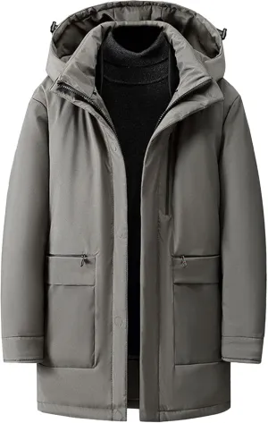Men's Fur Hooded Warm Quilted Jacket Windproof Long Winter Coats with Pockets Thermal Padded Down Windbreaker