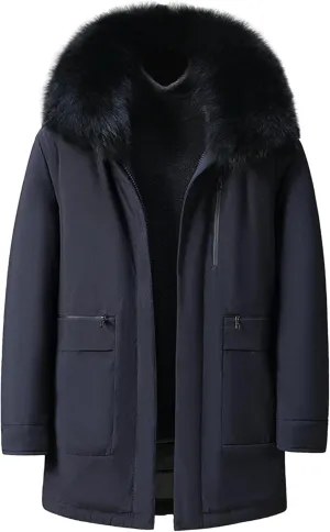 Men's Fur Hooded Warm Quilted Jacket Windproof Long Winter Coats with Pockets Thermal Padded Down Windbreaker