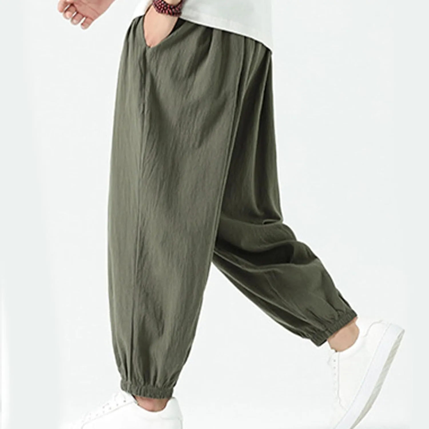 Mens Harem Pants Cotton Linen Baggy Casual Loose Summer Pants Drawstring Elastic Waist Yoga Jogger Trousers