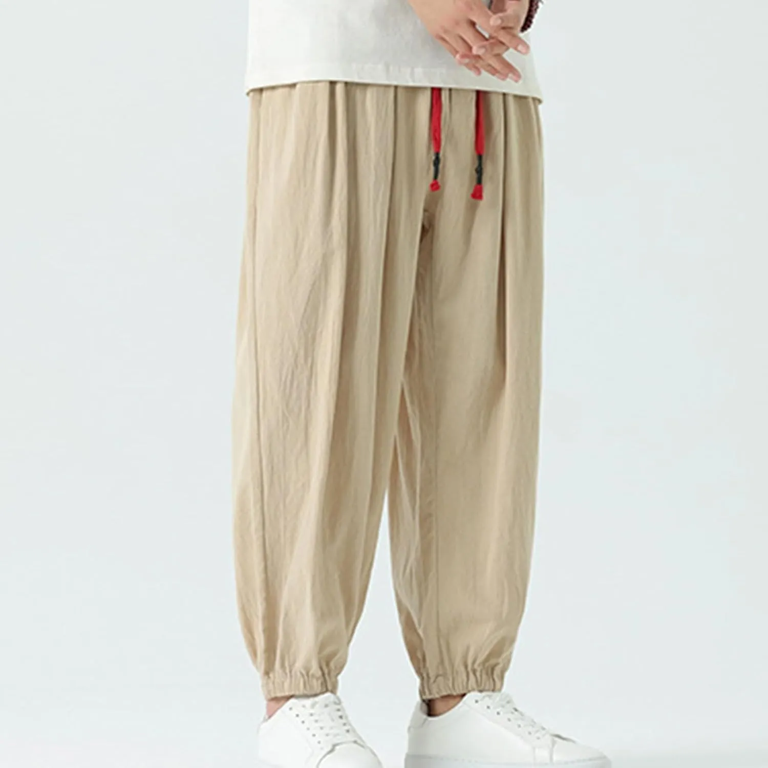 Mens Harem Pants Cotton Linen Baggy Casual Loose Summer Pants Drawstring Elastic Waist Yoga Jogger Trousers