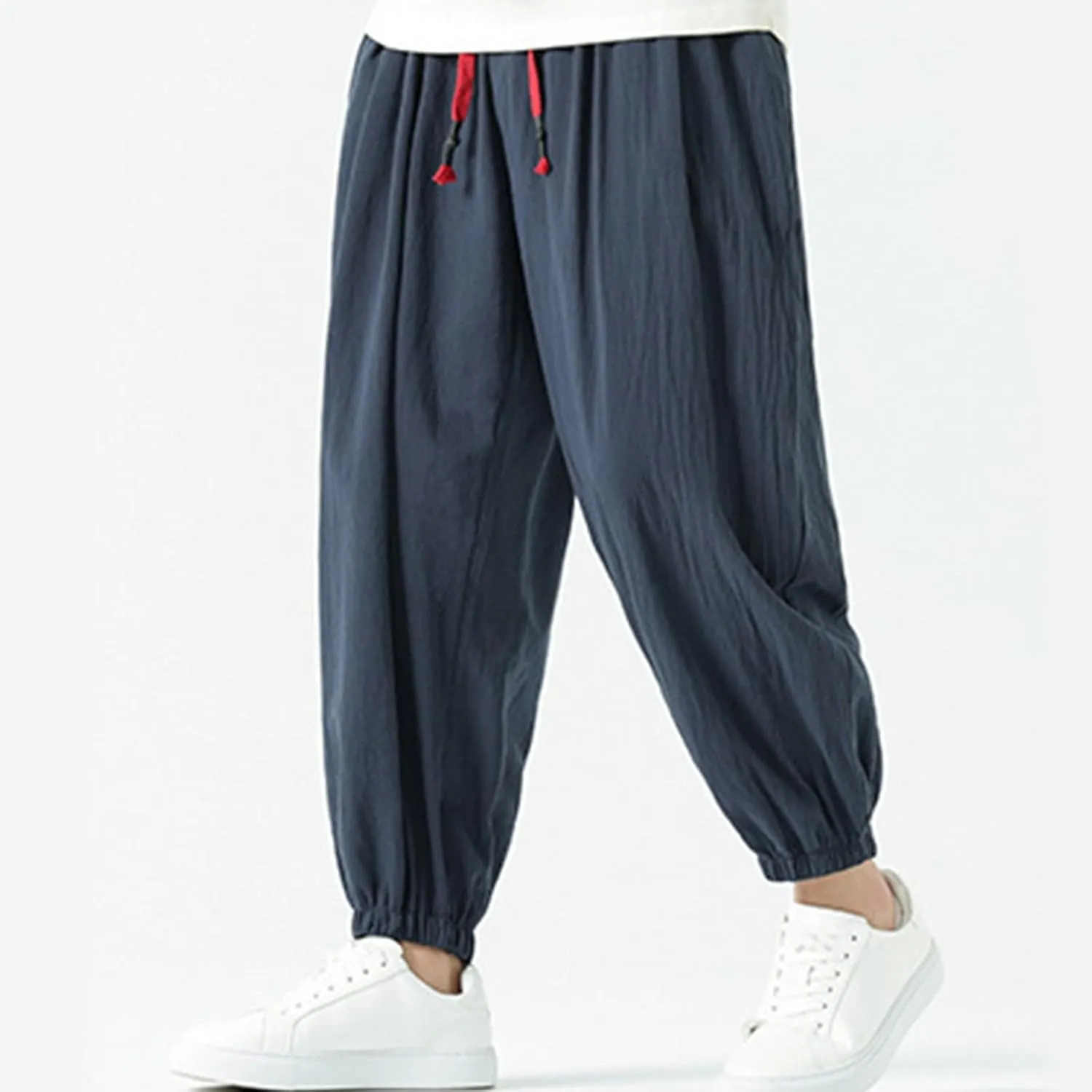 Mens Harem Pants Cotton Linen Baggy Casual Loose Summer Pants Drawstring Elastic Waist Yoga Jogger Trousers