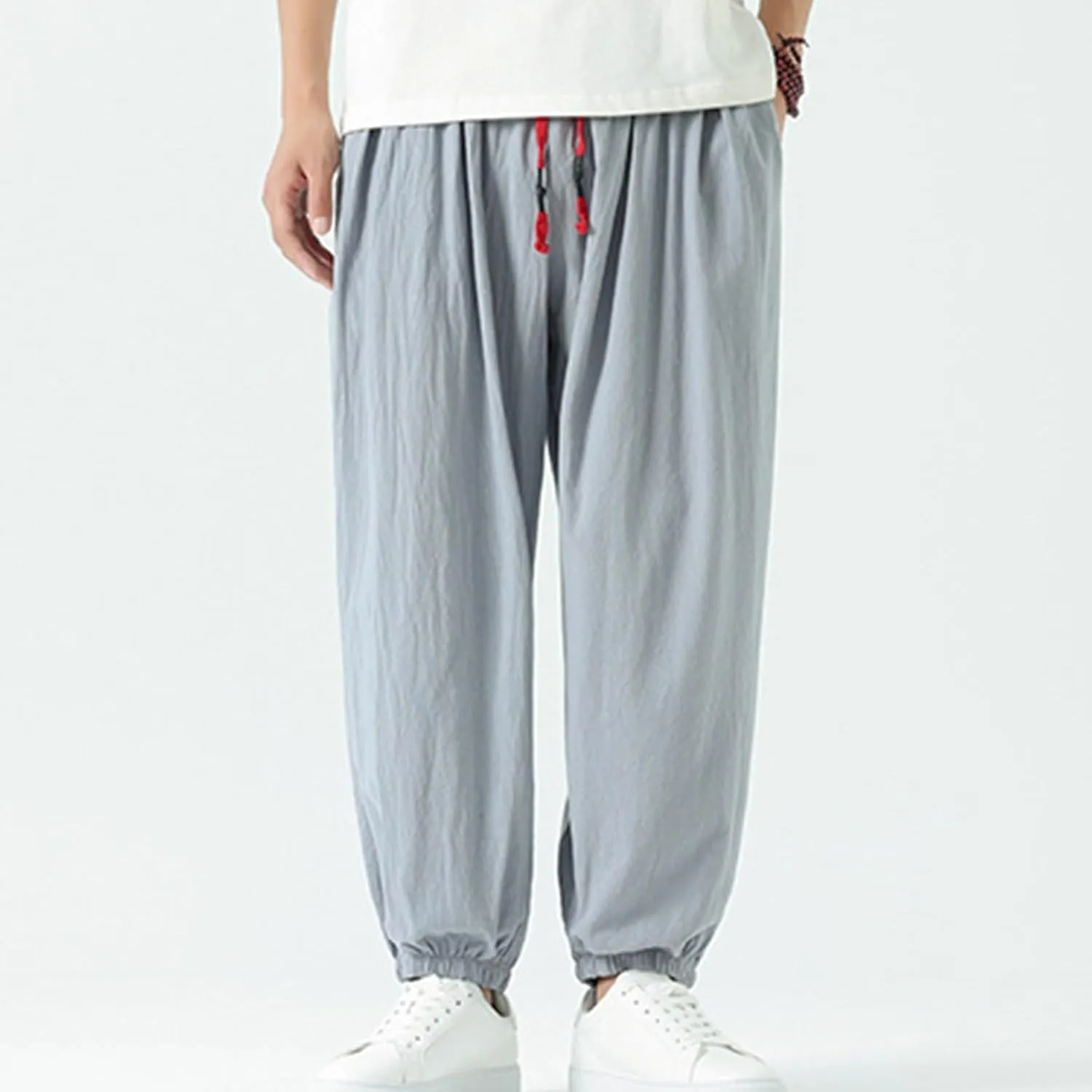 Mens Harem Pants Cotton Linen Baggy Casual Loose Summer Pants Drawstring Elastic Waist Yoga Jogger Trousers