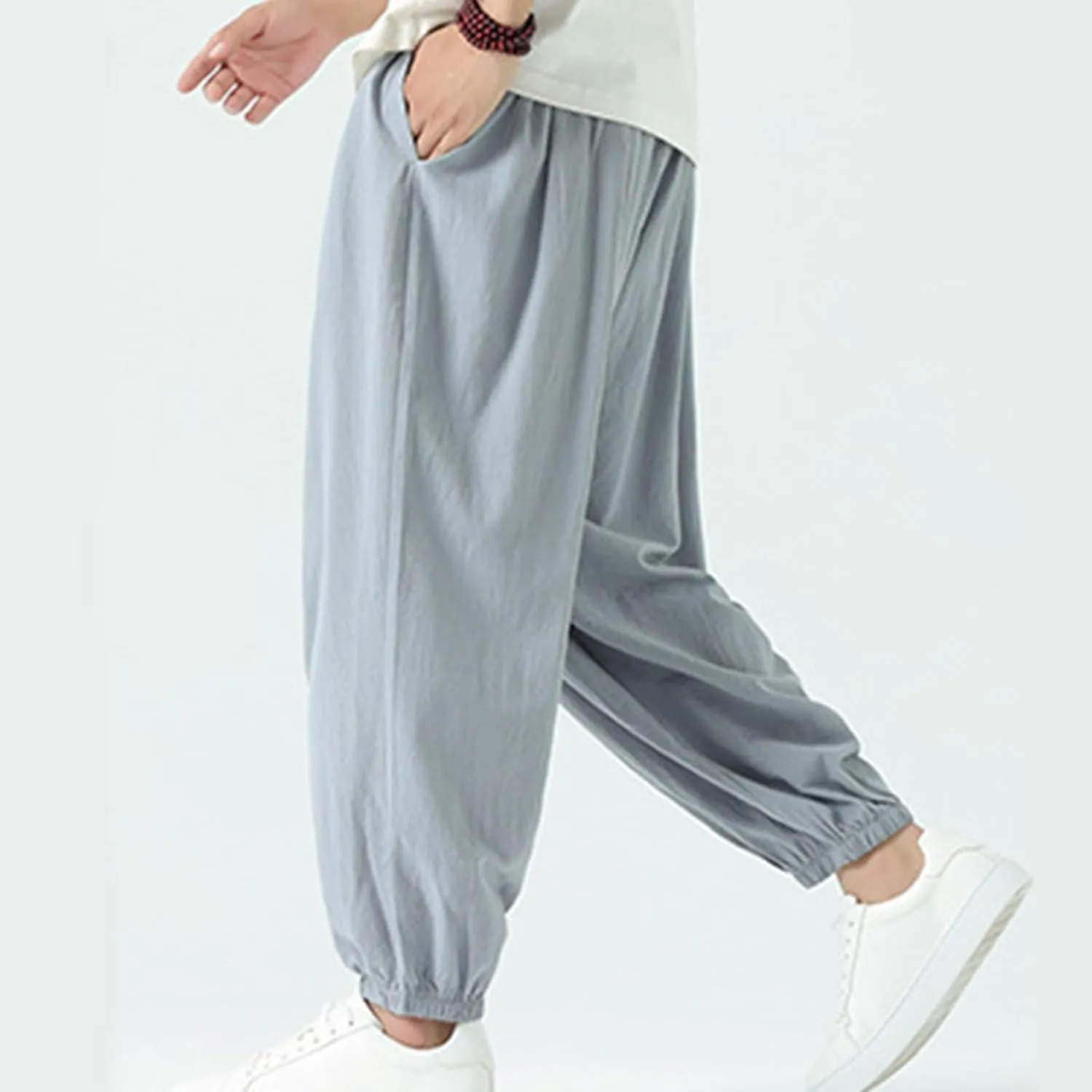 Mens Harem Pants Cotton Linen Baggy Casual Loose Summer Pants Drawstring Elastic Waist Yoga Jogger Trousers