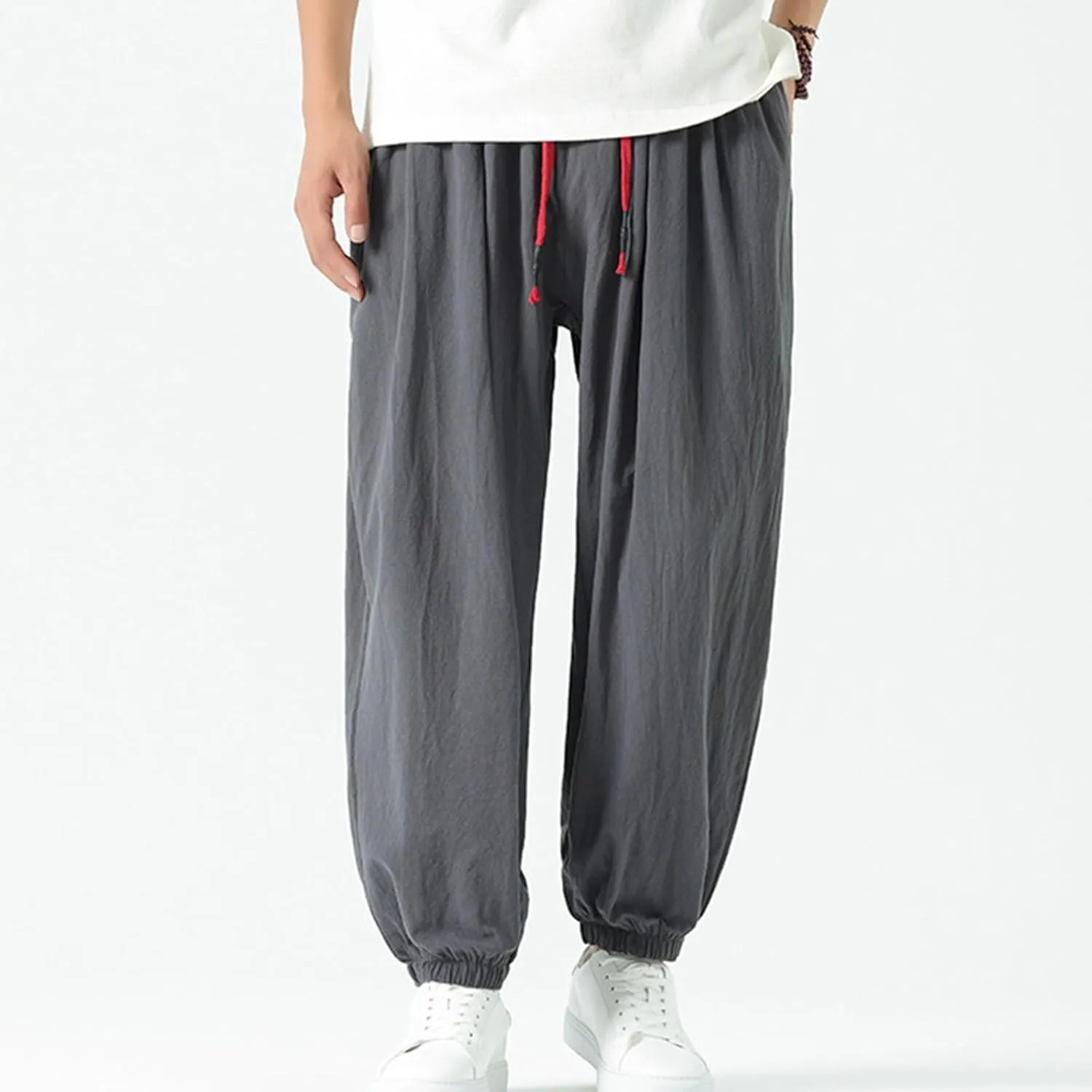 Mens Harem Pants Cotton Linen Baggy Casual Loose Summer Pants Drawstring Elastic Waist Yoga Jogger Trousers