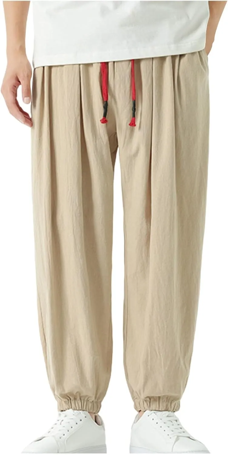 Mens Harem Pants Cotton Linen Baggy Casual Loose Summer Pants Drawstring Elastic Waist Yoga Jogger Trousers
