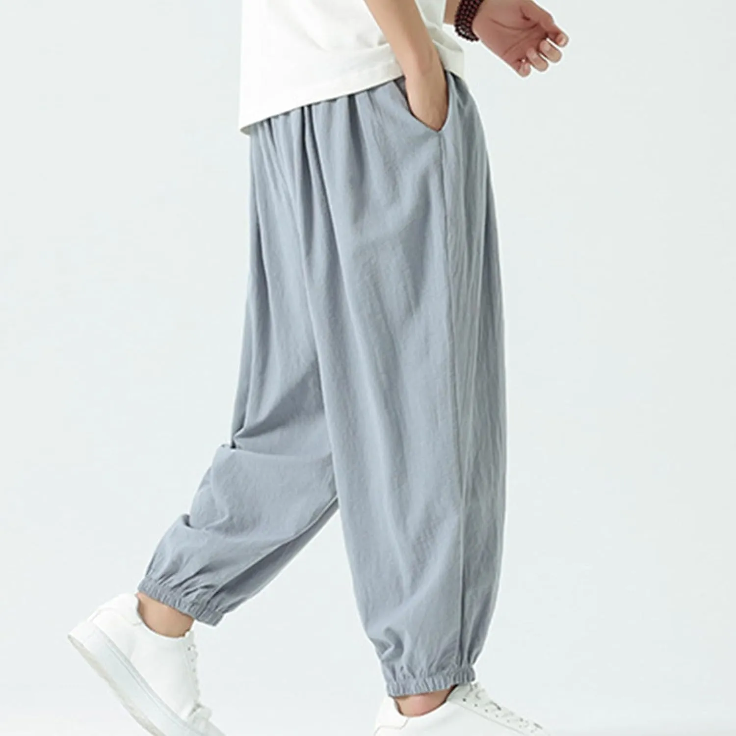 Mens Harem Pants Cotton Linen Baggy Casual Loose Summer Pants Drawstring Elastic Waist Yoga Jogger Trousers
