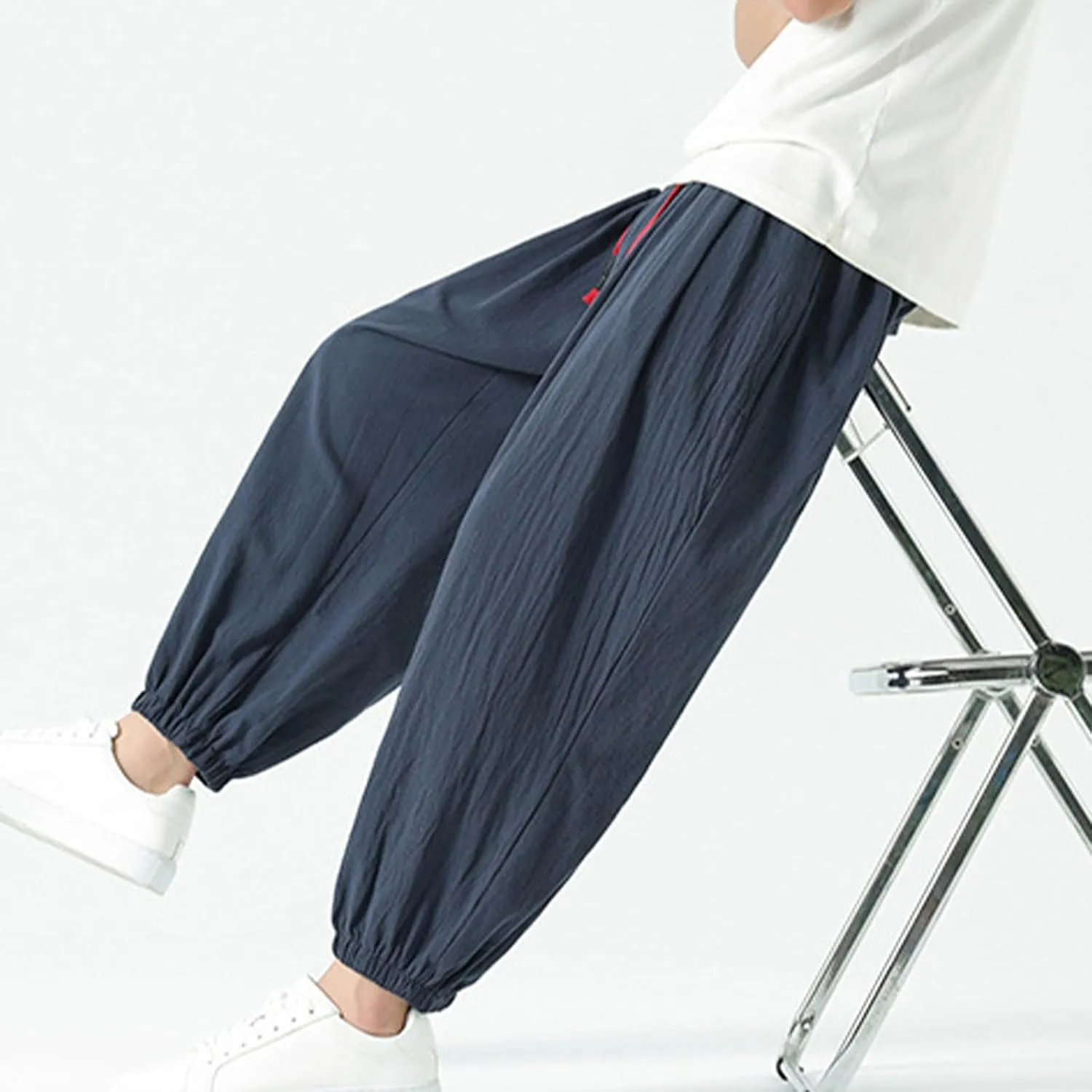 Mens Harem Pants Cotton Linen Baggy Casual Loose Summer Pants Drawstring Elastic Waist Yoga Jogger Trousers